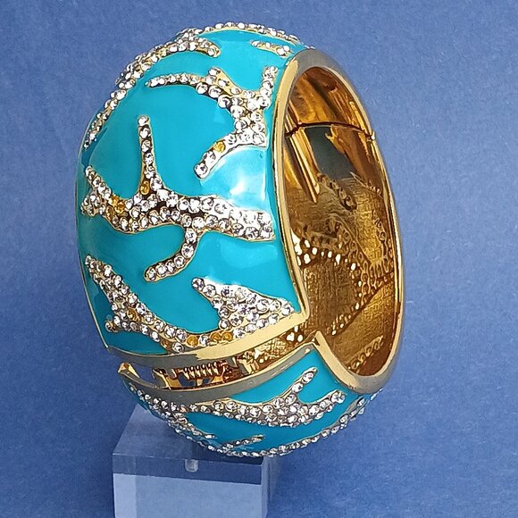 Coral Reef Pattern Glam Chunky Enamel Hinge Cuff Clamper Bracelet Turquoise - Picture 7 of 10